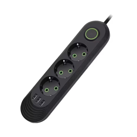 Bricolaj & Gradina - Prelungitor Universal VarioShop®, 3 Prize cu Impamantare, 3 Porturi USB, Putere 2500W, Cablu Izolat 3m, Intrerupator, Protectie Supratensiune, Negru