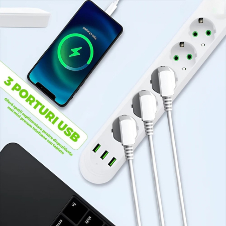 Bricolaj & Gradina - Prelungitor Universal VarioShop®, 5 Prize cu Impamantare, 3 Porturi USB, Putere 2500W, Cablu Izolat 3m, Intrerupator, Protectie Supratensiune, Alb