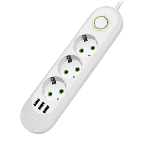 Prelungitoare - Prelungitor VarioShop®, 3 prize, 3 porturi USB, putere 2500W, cablu izolat 3m, intrerupator, protectie supratensiune, alb