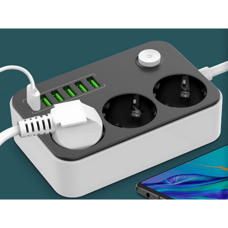 Prelungitoare - Prelungitor VarioShop, 3 prize, 6 porturi USB, protectie la supratensiune, 2m, Alb/Negru