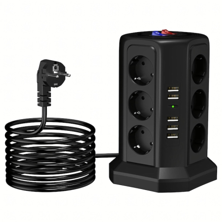 Bricolaj & Gradina - Prelungitor vertical VarioShop®, cu protectie la trasnet, 12 prize, 5 porturi USB, comutatoare separate, resetare si carcasa ignifuga