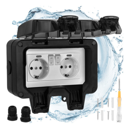 Electrocasnice mici bucatarie - Priza dubla exterioara VarioShop®, IP66, 16A, 3680W, montare aparenta, capac blocabil, rezistenta la apa si praf, ABS, gri