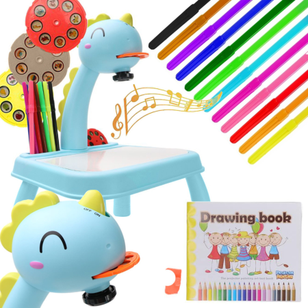 Proiector desen copii VarioShop®, masa educativa cu LED si muzica, tabla de desen cu 3 diapozitive, 12 markere si accesorii, model dinozaur, albastru, 35x29x24 cm