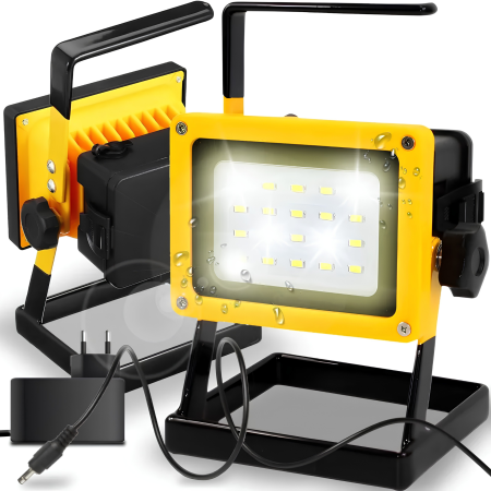 Proiector LED portabil VarioShop® 30 W, lumina reglabila alba, alimentare cu 3 acumulatori 18650, protectie IP65, pentru lucru, camping si reparatii, negru/galben