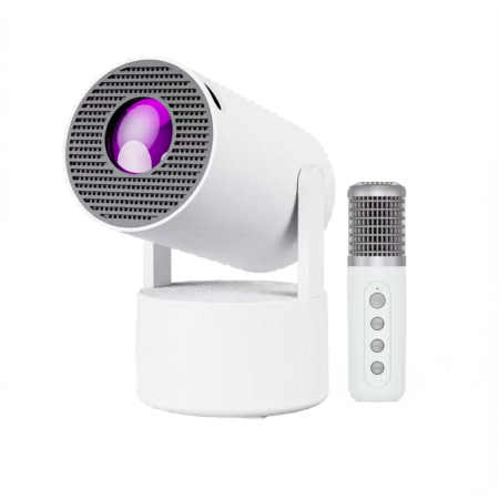 Videoproiectoare & Accesorii - Proiector portabil Varioshop 4K Full HD 1080p cu Android TV 11, WiFi 6 si Bluetooth, functie karaoke cu 2 microfoane wireless, difuzoare HiFi 30W, rotire 180°, mini videoproiector smart alb