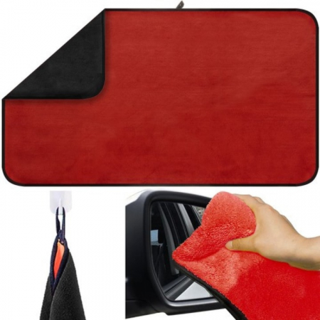 Produse cosmetica auto - Prosop din microfibra pentru uscare auto VarioShop®, moale si pufos, doua fete practice, indepartate eficienta a apei, agatatoare, dimensiune mare 60 x 90 cm, Rosu/Negru