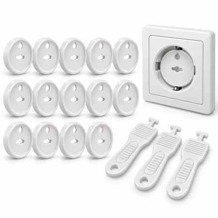 Protectii prize copii VarioShop®, pentru blocarea accesului la prize, demontare cu cheie, 15 bucati, 3 chei incluse,  3,7 x 2,3 cm, alb