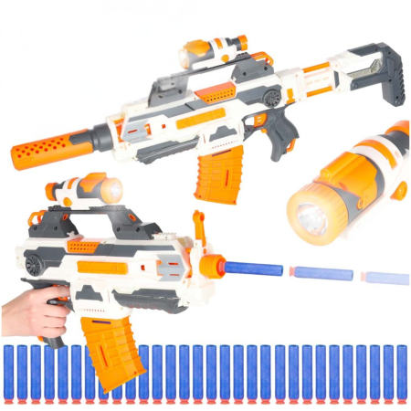 Pusca 4 in 1 cu gloante din spuma VarioShop®, blaster cu accesorii tactice, 30 sageti spuma, lanterna, amortizor si 2 incarcatoare, pentru copii 6 ani+, 76 cm