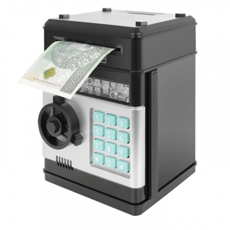 Pusculita ATM tip Jucarie Seif pentru Copii VarioShop®, Cu lumina si Sunet, Deschidere cu Pin, cu Intrare pentru Bani si Monede, 19 x 13 x 13 cm, Negru [11]