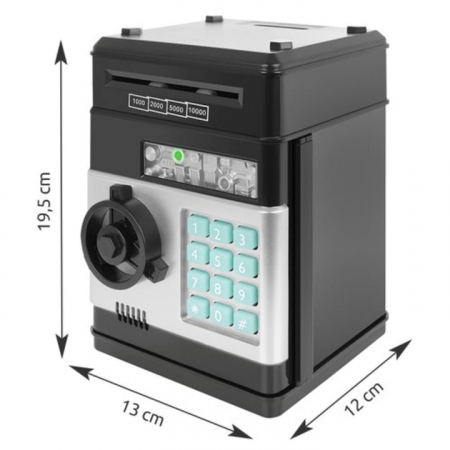 Pusculita ATM tip Jucarie Seif pentru Copii VarioShop®, Cu lumina si Sunet, Deschidere cu Pin, cu Intrare pentru Bani si Monede, 19 x 13 x 13 cm, Negru [9]