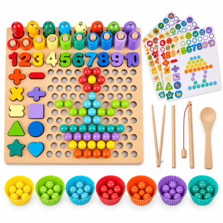 Jucarii interactive - Joc educativ din lemn VarioShop®, pentru invatarea culorilor si coordonare, cu margele colorate, pesti magnetici, cifre si forme, 30 x 30 x 7,5 cm