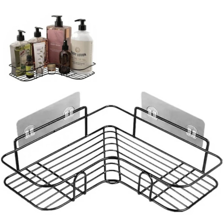 Baie - Raft de colt autoadeziv VarioShop, design compact, rezistent la umiditate, plastic, Negru, 36x26x12cm