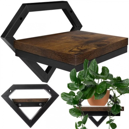 Rafturi - Raft de Perete Suspendat VarioShop®, pentru Flori, Plante, Carti si Obiecte Decorative, Aplicare Universala, Elemente de Montare Incluse, Lemn si Metal, 23 x 20 x 19 cm, Negru/Maro