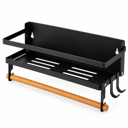 Rafturi si organizatoare bucatarie - Raft magnetic VarioShop®, organizator condimente si suport prosoape de hartie, 2 carlige, fara gaurire, aluminiu si lemn, 15 x 30 x 11 cm, negru