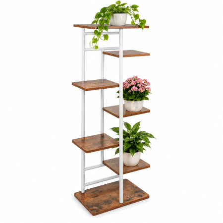 Ghivece si suporturi - Raft pentru flori VarioShop®, pentru organizarea ghivecelor, 7 niveluri, stil loft, fier si MDF, sustine pana la 36 kg, 120 x 42 x 23,5 cm, cadru alb si rafturi in nuanta lemnului