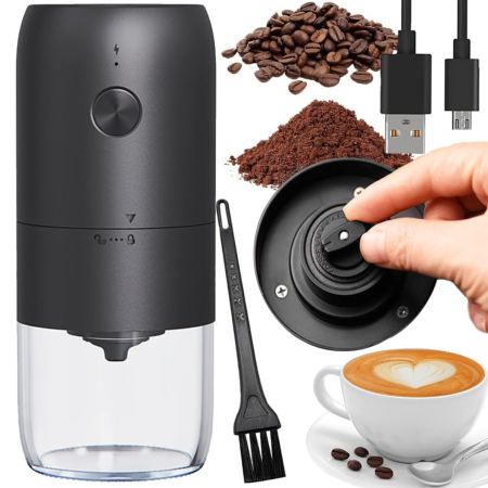 Oliviere, rasnite si solnite - Rasnita de cafea electrica VarioShop®, cu macinare reglabila, incarcare USB Type-C, recipient transparent, perie de curatare inclusa, pentru espresso si cafetiera, 18,5x7 cm, negru