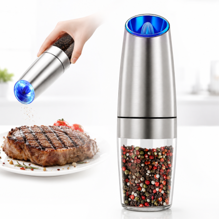 Oliviere, rasnite si solnite - Rasnita electrica sare si piper VarioShop®, cu mecanism gravitational, iluminare LED albastra, reglare macinare, 135 ml, 20x6 cm, argintiu