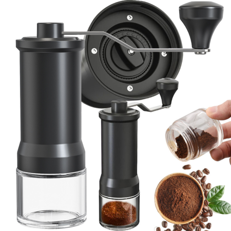 Oliviere, rasnite si solnite - Râșniță manuală cafea VarioShop®, pentru espresso și cafea la filtru, cu măcinare reglabilă, recipient transparent, perie inclusă, 16,5x5,5 cm, negru