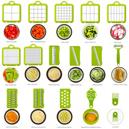Razatoare Multifuctionala VarioShop®, Pentru legume si fructe, cu 22 de Accesorii, Manuala, cu Functie de caserola, Maner protectie, Lame din otel, Inoxidabil, Feliere, Radere, Taietor, Verde [3]