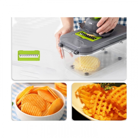 Razatoare Multifuctionala VarioShop®, Pentru legume si fructe, cu 22 de Accesorii, Manuala, cu Functie de caserola, Maner protectie, Lame din otel, Inoxidabil, Feliere, Radere, Taietor, Verde [9]