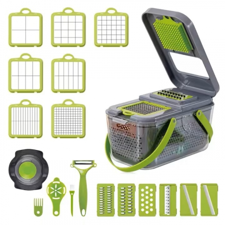 Bucatarie & Servire - Razatoare Multifuctionala VarioShop®, Pentru legume si fructe, cu 22 de Accesorii, Manuala, cu Functie de caserola, Maner protectie, Lame din otel, Inoxidabil, Feliere, Radere, Taietor, Verde