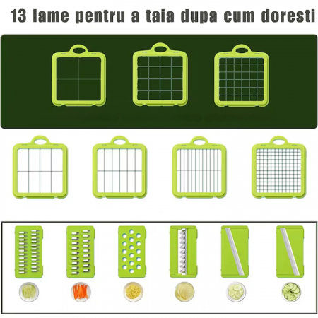Razatoare Multifuctionala VarioShop®, Pentru legume si fructe, cu 22 de Accesorii, Manuala, cu Functie de caserola, Maner protectie, Lame din otel, Inoxidabil, Feliere, Radere, Taietor, Verde [1]