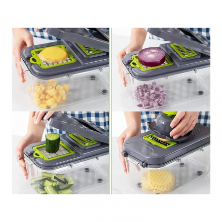 Razatoare Multifuctionala VarioShop®, Pentru legume si fructe, cu 22 de Accesorii, Manuala, cu Functie de caserola, Maner protectie, Lame din otel, Inoxidabil, Feliere, Radere, Taietor, Verde [12]