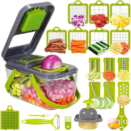 Razatoare Multifuctionala VarioShop®, Pentru legume si fructe, cu 22 de Accesorii, Manuala, cu Functie de caserola, Maner protectie, Lame din otel, Inoxidabil, Feliere, Radere, Taietor, Verde [8]