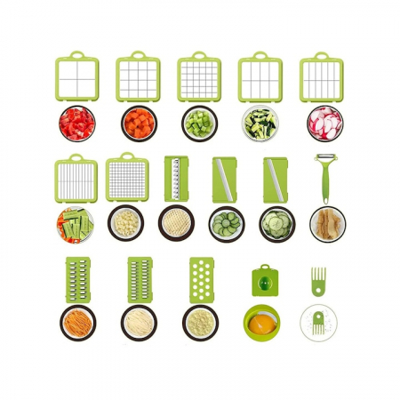 Razatoare Multifuctionala VarioShop®, Pentru legume si fructe, cu 22 de Accesorii, Manuala, cu Functie de caserola, Maner protectie, Lame din otel, Inoxidabil, Feliere, Radere, Taietor, Verde [11]