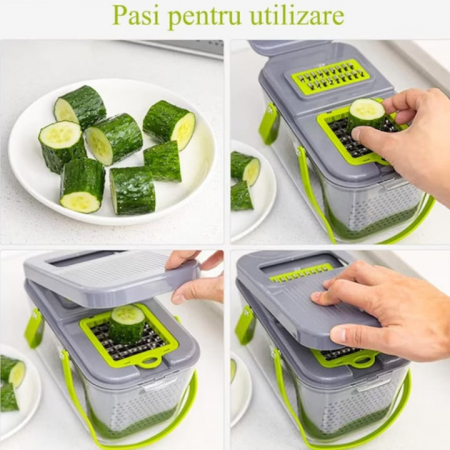 Razatoare Multifuctionala VarioShop®, Pentru legume si fructe, cu 22 de Accesorii, Manuala, cu Functie de caserola, Maner protectie, Lame din otel, Inoxidabil, Feliere, Radere, Taietor, Verde [2]
