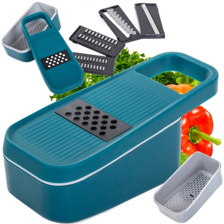 Bucatarie & Servire - Razatoare Multifunctionala 5 in 1 VarioShop®, pentru Legume si Fructe, 5 Cutite din Otel, Interschimbabile, Cos pentru Scurgere, Usor de Curatat, Turcoaz