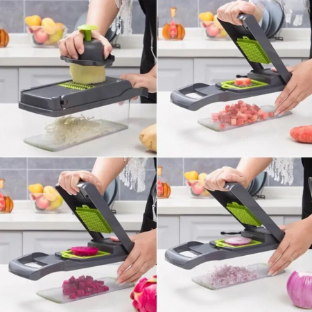 Razatoare Multifunctionala13 in 1 VarioShop®, pentru legume si fructe + Timer Pentru Fiert Oua, 8 taieturi, accesorii pentru tocat, maruntit, feliat, separator de oua, lame de inox, 28 x 13 cm, verde [8]