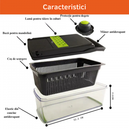 Razatoare Multifunctionala13 in 1 VarioShop®, pentru legume si fructe + Timer Pentru Fiert Oua, 8 taieturi, accesorii pentru tocat, maruntit, feliat, separator de oua, lame de inox, 28 x 13 cm, verde [43]