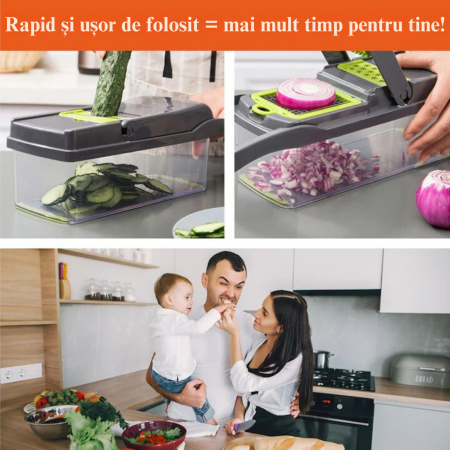 Razatoare Multifunctionala13 in 1 VarioShop®, pentru legume si fructe + Timer Pentru Fiert Oua, 8 taieturi, accesorii pentru tocat, maruntit, feliat, separator de oua, lame de inox, 28 x 13 cm, verde [7]