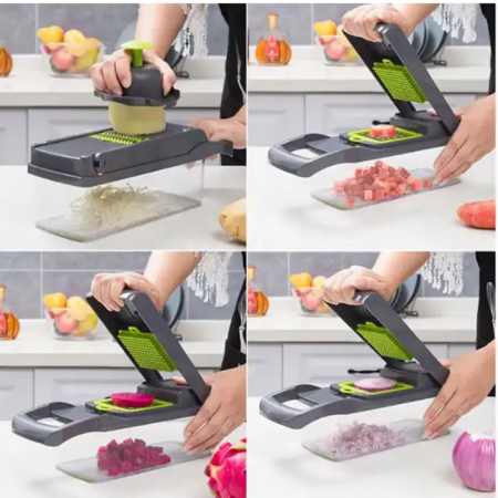 Razatoare Multifunctionala13 in 1 VarioShop®, pentru legume si fructe + Timer Pentru Fiert Oua, 8 taieturi, accesorii pentru tocat, maruntit, feliat, separator de oua, lame de inox, 28 x 13 cm, verde [30]