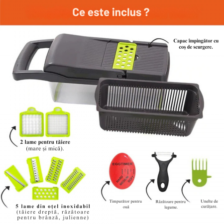 Razatoare Multifunctionala13 in 1 VarioShop®, pentru legume si fructe + Timer Pentru Fiert Oua, 8 taieturi, accesorii pentru tocat, maruntit, feliat, separator de oua, lame de inox, 28 x 13 cm, verde [25]