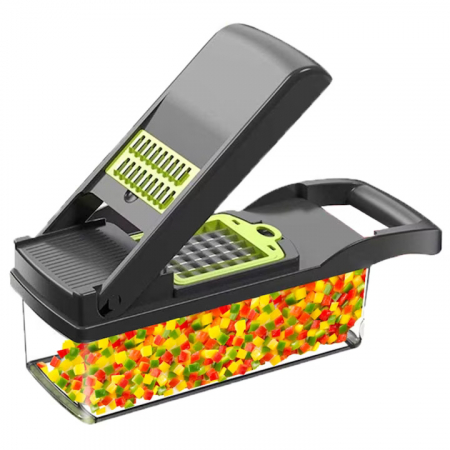 Razatoare Multifunctionala13 in 1 VarioShop®, pentru legume si fructe + Timer Pentru Fiert Oua, 8 taieturi, accesorii pentru tocat, maruntit, feliat, separator de oua, lame de inox, 28 x 13 cm, verde [24]