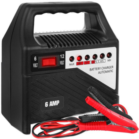 Redresoare auto - Redresor baterie auto VarioShop®, 12V 6A / 6V-12V, incarcator universal pentru baterii auto si moto 20–65Ah, cu indicator LED nivel incarcare, transformator, portabil, compact