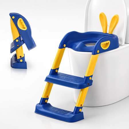 Igiena si ingrijire - Reductor WC copii VarioShop®, cu scara reglabila, treapta antialunecare si manere laterale, pentru toaleta standard, pliabil, suporta pana la 70 kg, albastru-galben