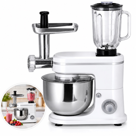 Casa & Bucatarie - Robot de bucatarie multifunctional 3 in 1 VarioShop®, 1500 W, blender 1,5 L, masina de tocat carne si mixer cu bol inox 6 L, 6 viteze, accesorii incluse, alb