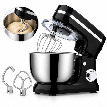 Casa & Bucatarie - Robot de bucatarie planetar VarioShop®, 3200W, mixer cu bol 6 L, pentru framantat aluaturi, preparat creme si frisca, 6 viteze, functie Pulse, 3 accesorii incluse, capac antistropire, negru-argintiu