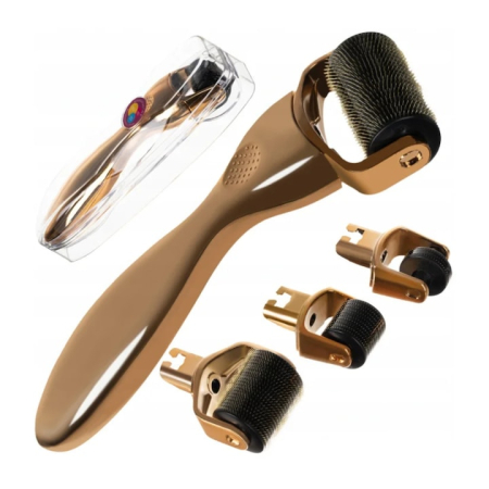 Epilatoare - Rola dermatologica VarioShop®, pentru masaj facial, dermaroller 3 in 1, mezoterapie cu ace, pentru riduri, cicatrici, vergeturi, Auriu