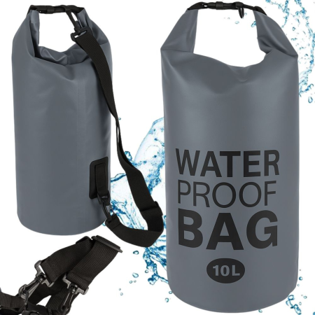 Rucsacuri drumetie - Rucsac impermeabil VarioShop®, 10L, pentru caiac, plaja, camping si drumetii, inchidere tip rulou, curea reglabila, compact, 50x29 cm, gri