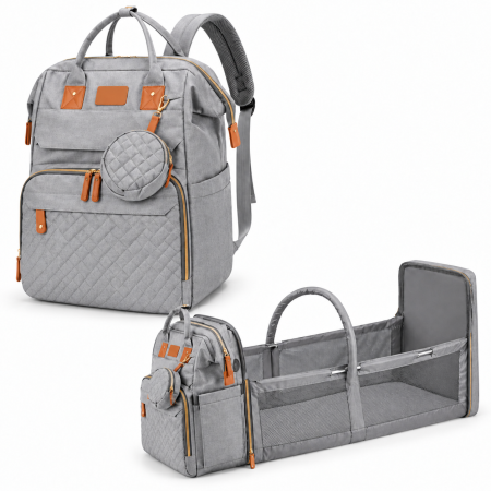 Sport, Travel & Plajă - Rucsac mamici VarioShop, pentru organizare si calatorii, cu patut pliabil, saltea, port USB, buzunare termoizolante, poliester, gri