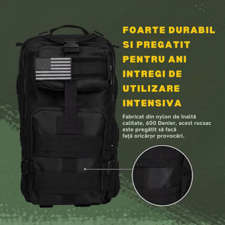 Rucsac militar impermeabil VarioShop®, 5 compartimente, sistem de eliberare rapida, ajustare completa, material durabil, potrivit pentru calatorii, excursii, drumetii, 26 L, 44 x 24 x 20 cm, Negru [19]