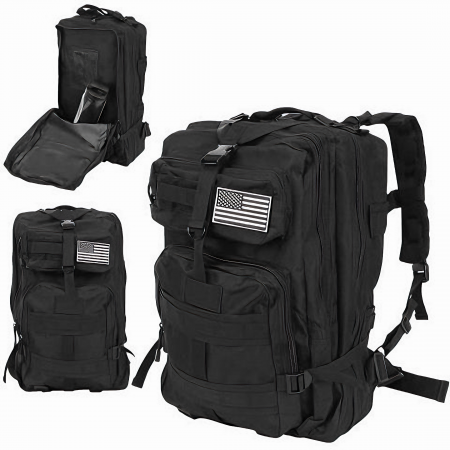 Sport & Travel - Rucsac militar impermeabil VarioShop®, 5 compartimente, sistem de eliberare rapida, ajustare completa, material durabil, potrivit pentru calatorii, excursii, drumetii, 38 l, 29 x 37 x 50 cm, Negru