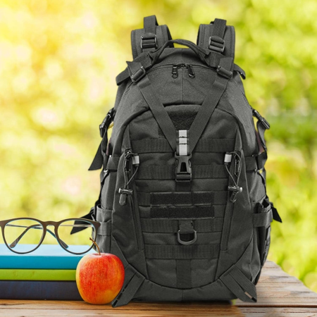 Rucsacuri - Rucsac militar/turistic 25l VarioShop®, cu husa de ploaie inclusa, material Oxford 900D, sistem MOLLE, catarame eliberare rapida, curele reglabile, ideal pentru drumetii si camping, Negru