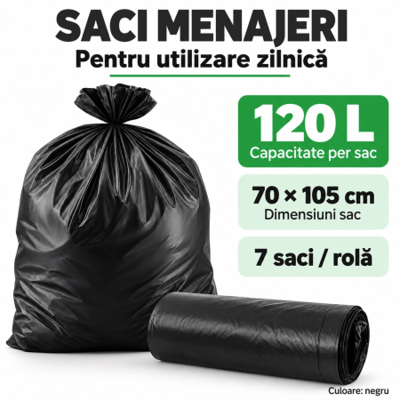 Saci menajeri VarioShop®, pentru curatenie in casa, birou si gradina, impermeabili, capacitate 120L, 7 bucati, 70 x 105 cm, negru