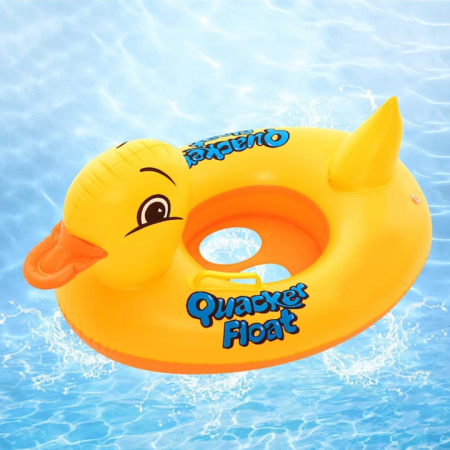 Colaci, ochelari si accesorii inot - Saltea gonflabila ponton pentru copii VarioShop®, in forma de rata, jucarie acvatica sigura din PVC durabil, cu manere laterale si orificii pentru picioare, ideala pentru piscina, mare sau lac, 63 x 4