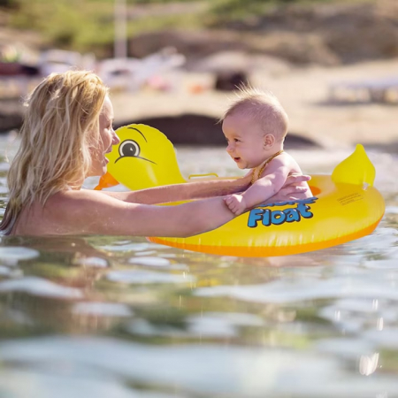 Saltea gonflabila ponton pentru copii VarioShop®, in forma de rata, jucarie acvatica sigura din PVC durabil, cu manere laterale si orificii pentru picioare, ideala pentru piscina, mare sau lac, 63 x 4 [4]